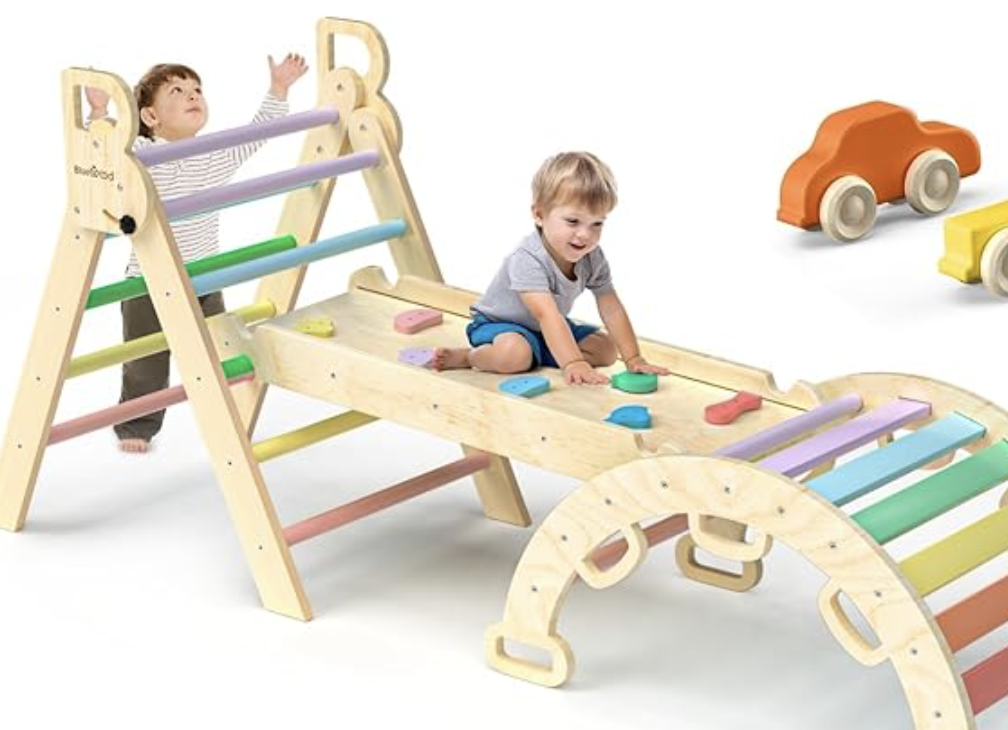 Pikler Triangle Set with Foldable Baby Climbing Wooden Toys